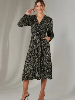 Jolie Moi Occasion Dresses|Party Dresses-Layla Long Sleeve Metallic Wrap Dress, Black/Gold