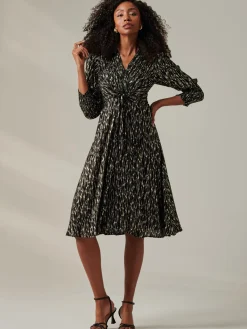 Jolie Moi Occasion Dresses|Party Dresses-Layla Long Sleeve Metallic Wrap Dress, Black/Gold