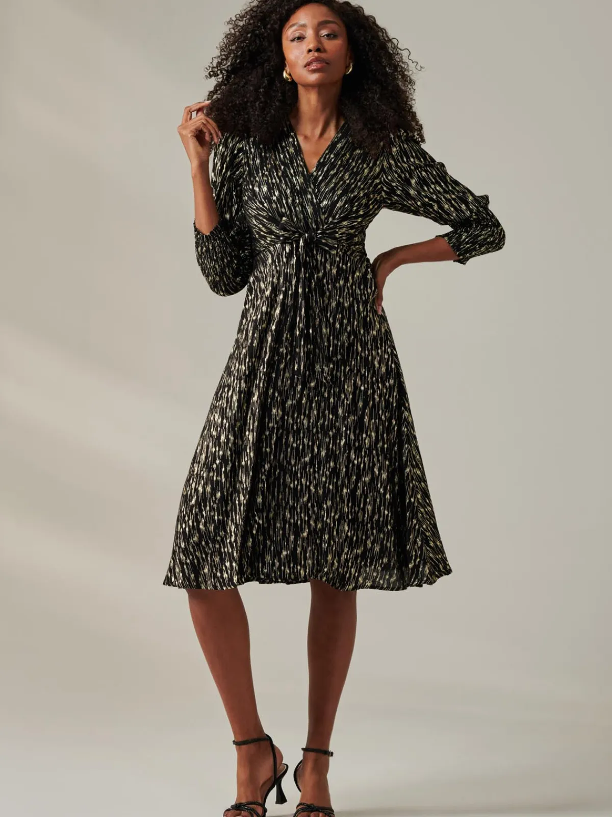 Jolie Moi Occasion Dresses|Party Dresses-Layla Long Sleeve Metallic Wrap Dress, Black/Gold