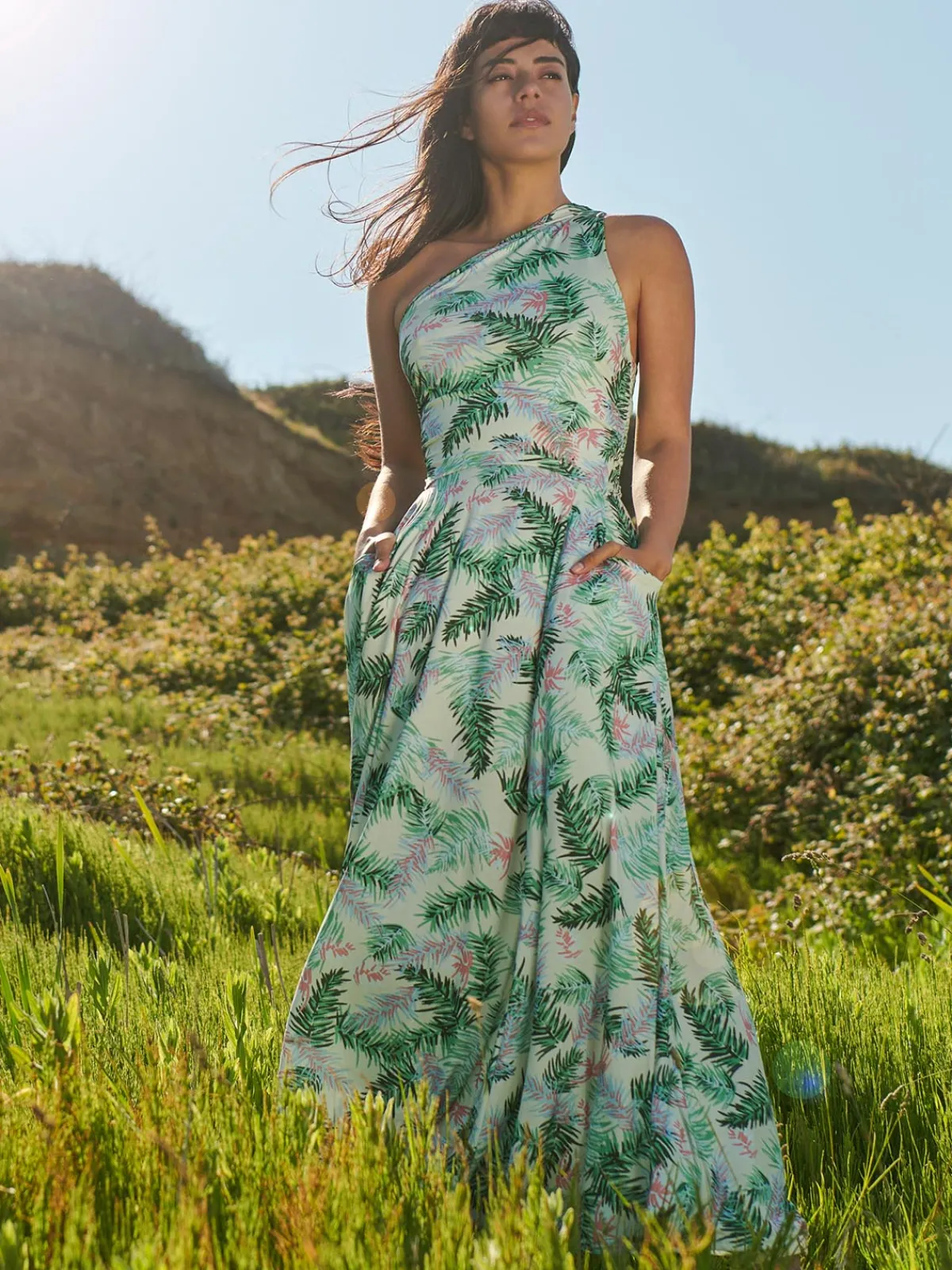Jolie Moi Occasion Dresses|Jersey Dresses-Leaf Print One Shoulder Maxi Dress, Green Multi