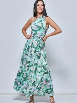 Jolie Moi Occasion Dresses|Jersey Dresses-Leaf Print One Shoulder Maxi Dress, Green Multi