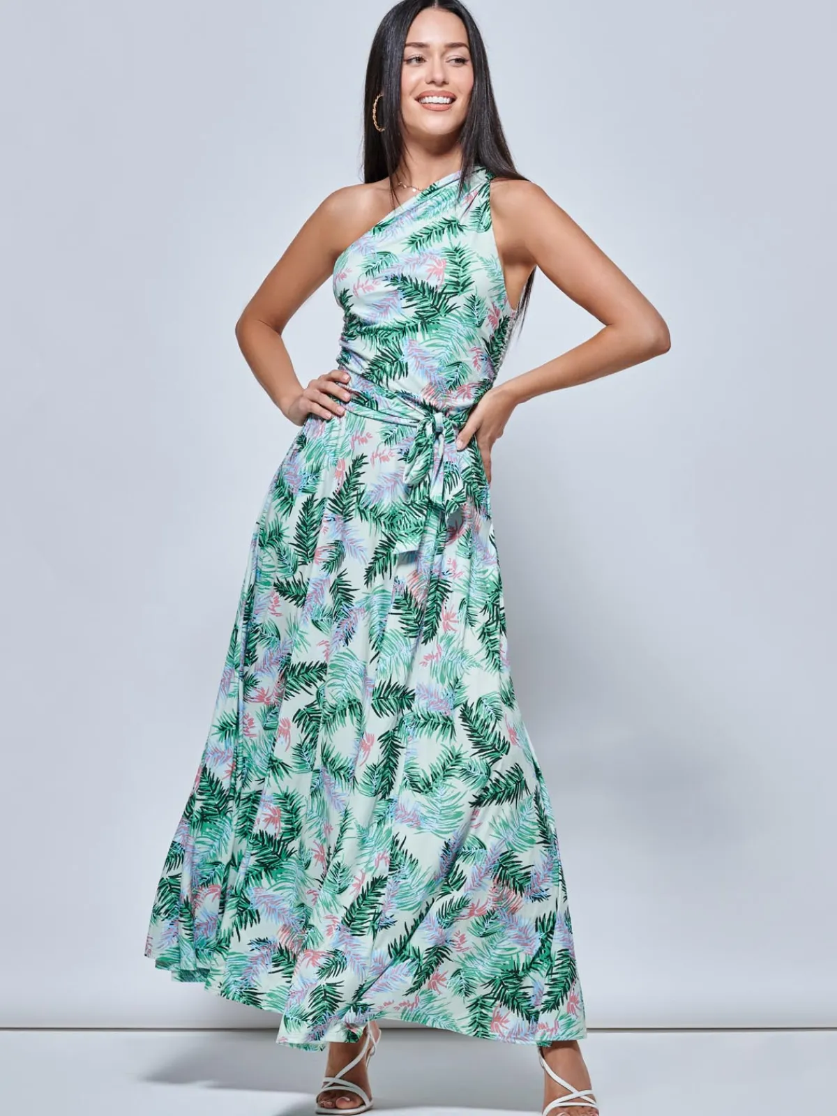 Jolie Moi Occasion Dresses|Jersey Dresses-Leaf Print One Shoulder Maxi Dress, Green Multi