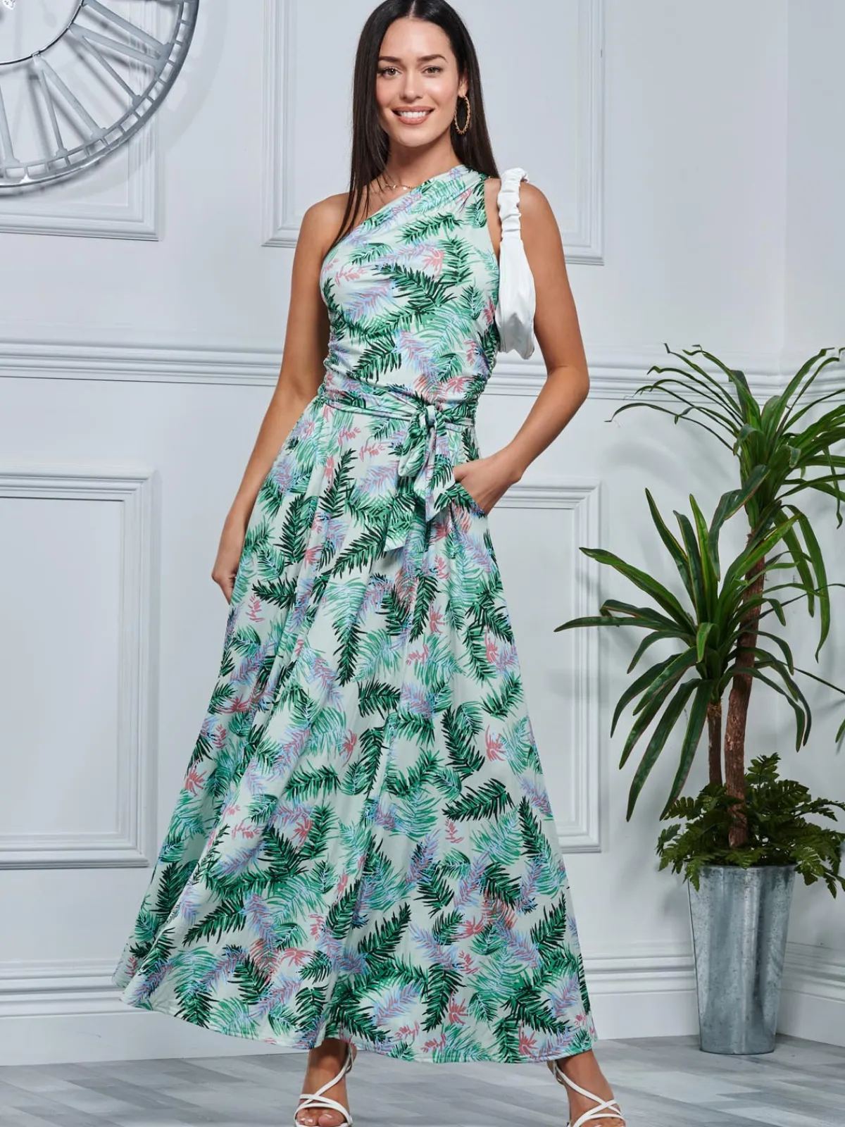 Jolie Moi Occasion Dresses|Jersey Dresses-Leaf Print One Shoulder Maxi Dress, Green Multi