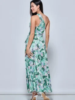 Jolie Moi Occasion Dresses|Jersey Dresses-Leaf Print One Shoulder Maxi Dress, Green Multi