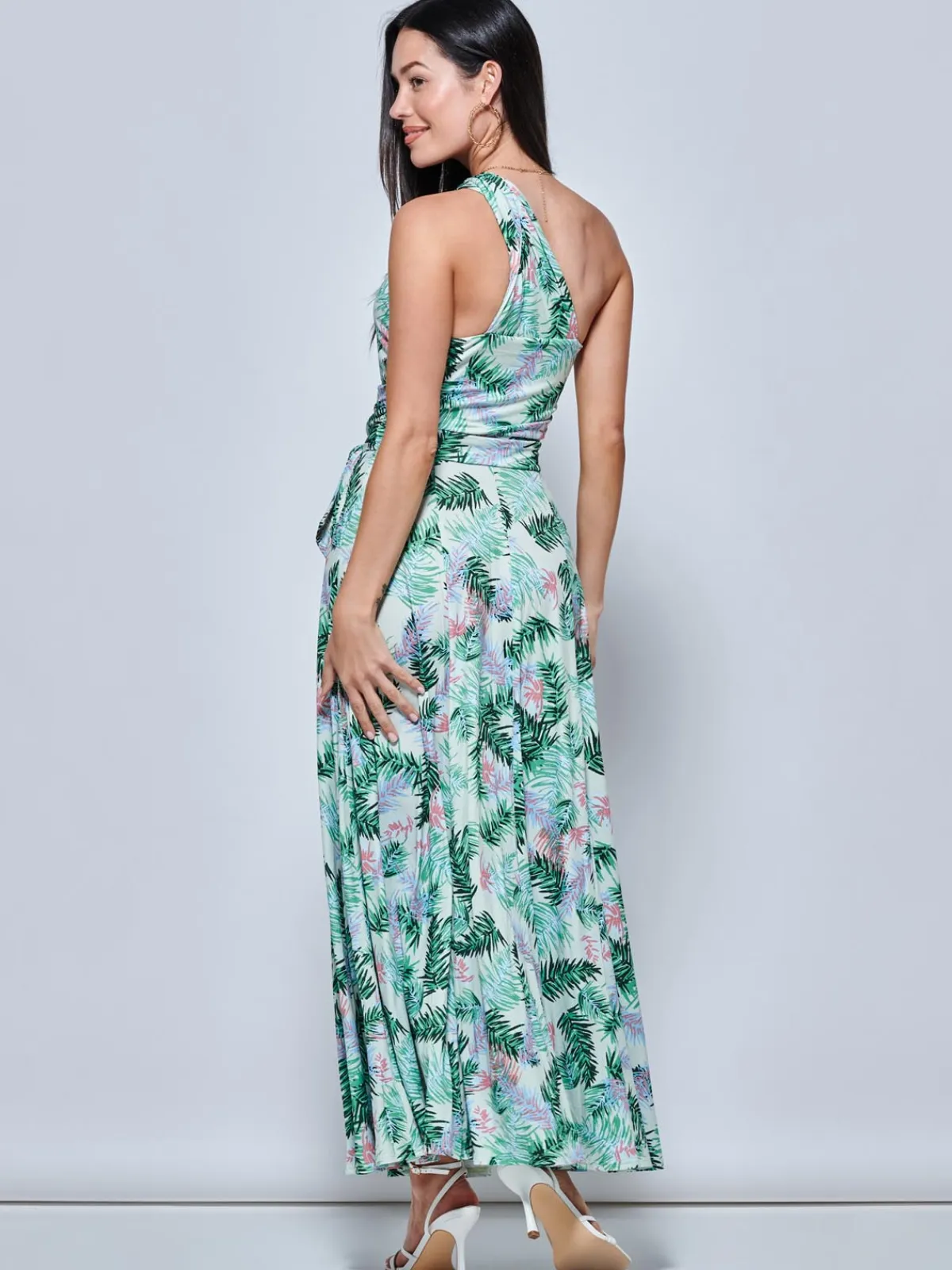 Jolie Moi Occasion Dresses|Jersey Dresses-Leaf Print One Shoulder Maxi Dress, Green Multi