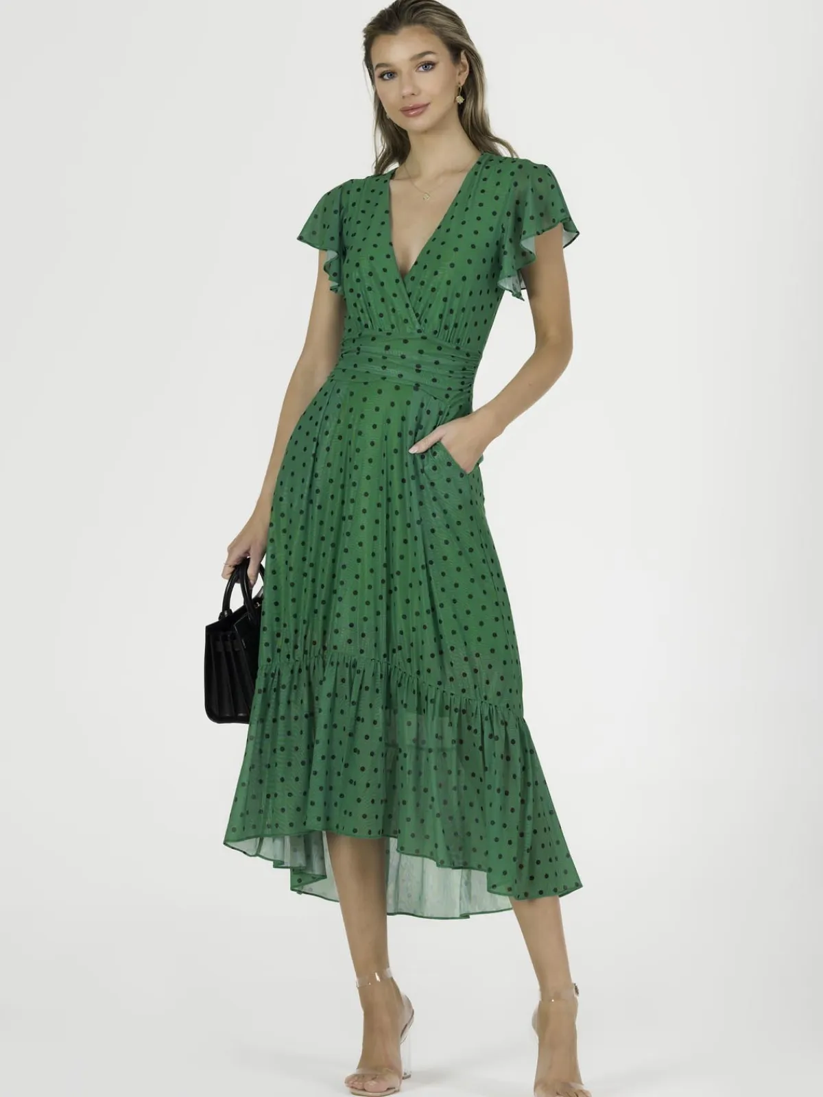 Jolie Moi Occasion Dresses|Wrap Dresses-Leena Mesh Cap Sleeve Tiered Maxi Dress, Green Polka