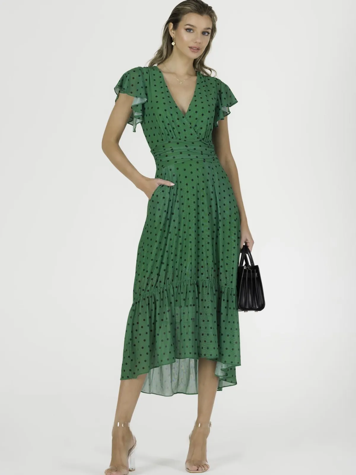 Jolie Moi Occasion Dresses|Wrap Dresses-Leena Mesh Cap Sleeve Tiered Maxi Dress, Green Polka