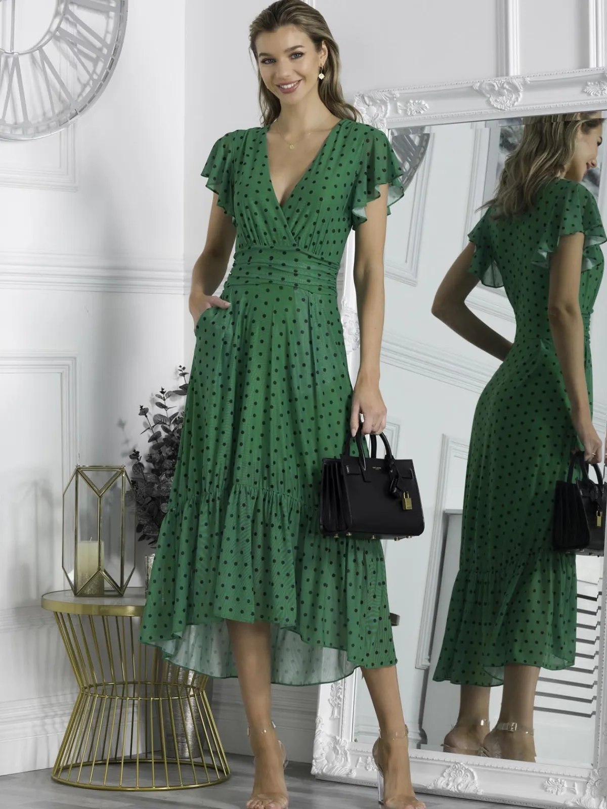 Jolie Moi Occasion Dresses|Wrap Dresses-Leena Mesh Cap Sleeve Tiered Maxi Dress, Green Polka