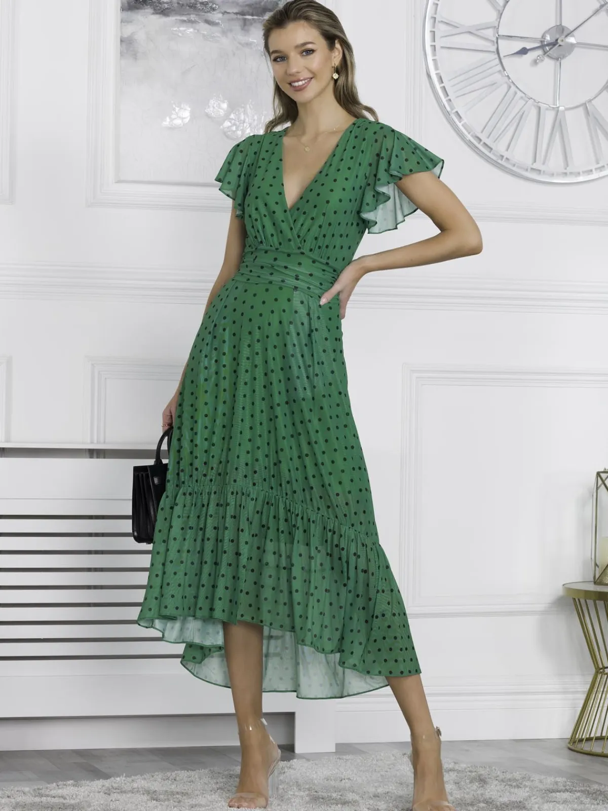 Jolie Moi Occasion Dresses|Wrap Dresses-Leena Mesh Cap Sleeve Tiered Maxi Dress, Green Polka