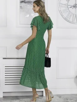 Jolie Moi Occasion Dresses|Wrap Dresses-Leena Mesh Cap Sleeve Tiered Maxi Dress, Green Polka