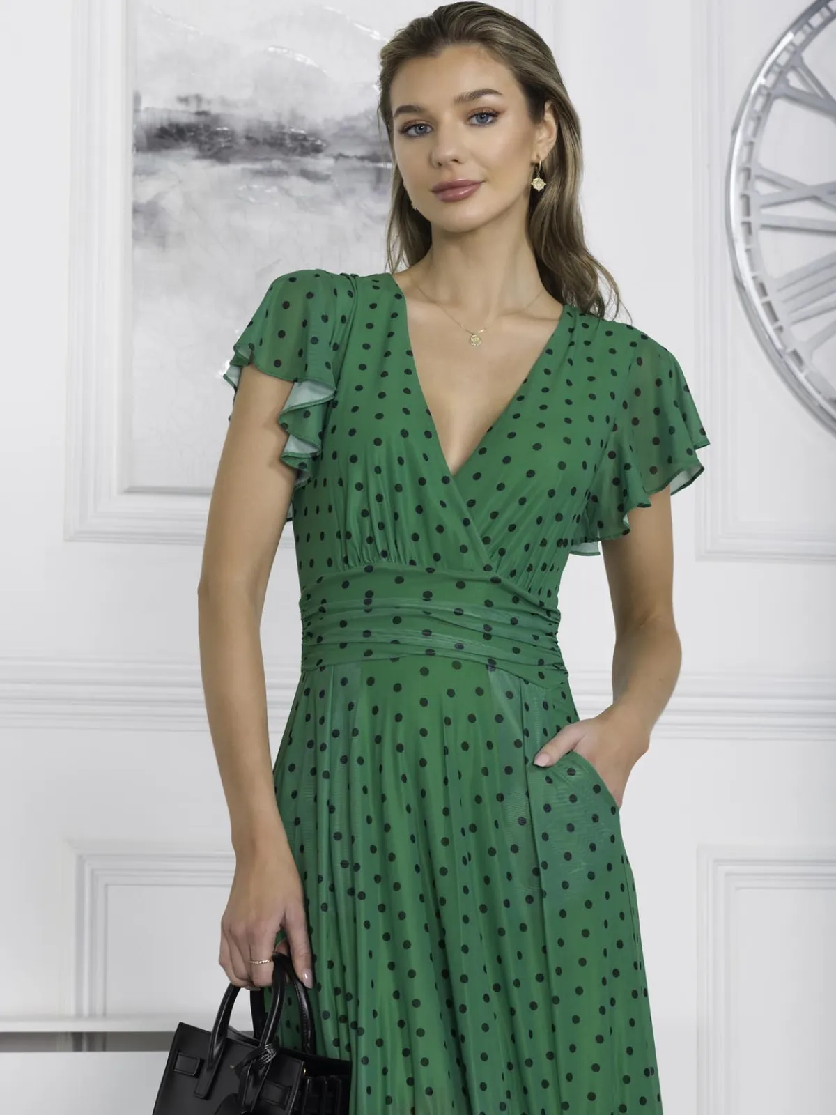Jolie Moi Occasion Dresses|Wrap Dresses-Leena Mesh Cap Sleeve Tiered Maxi Dress, Green Polka