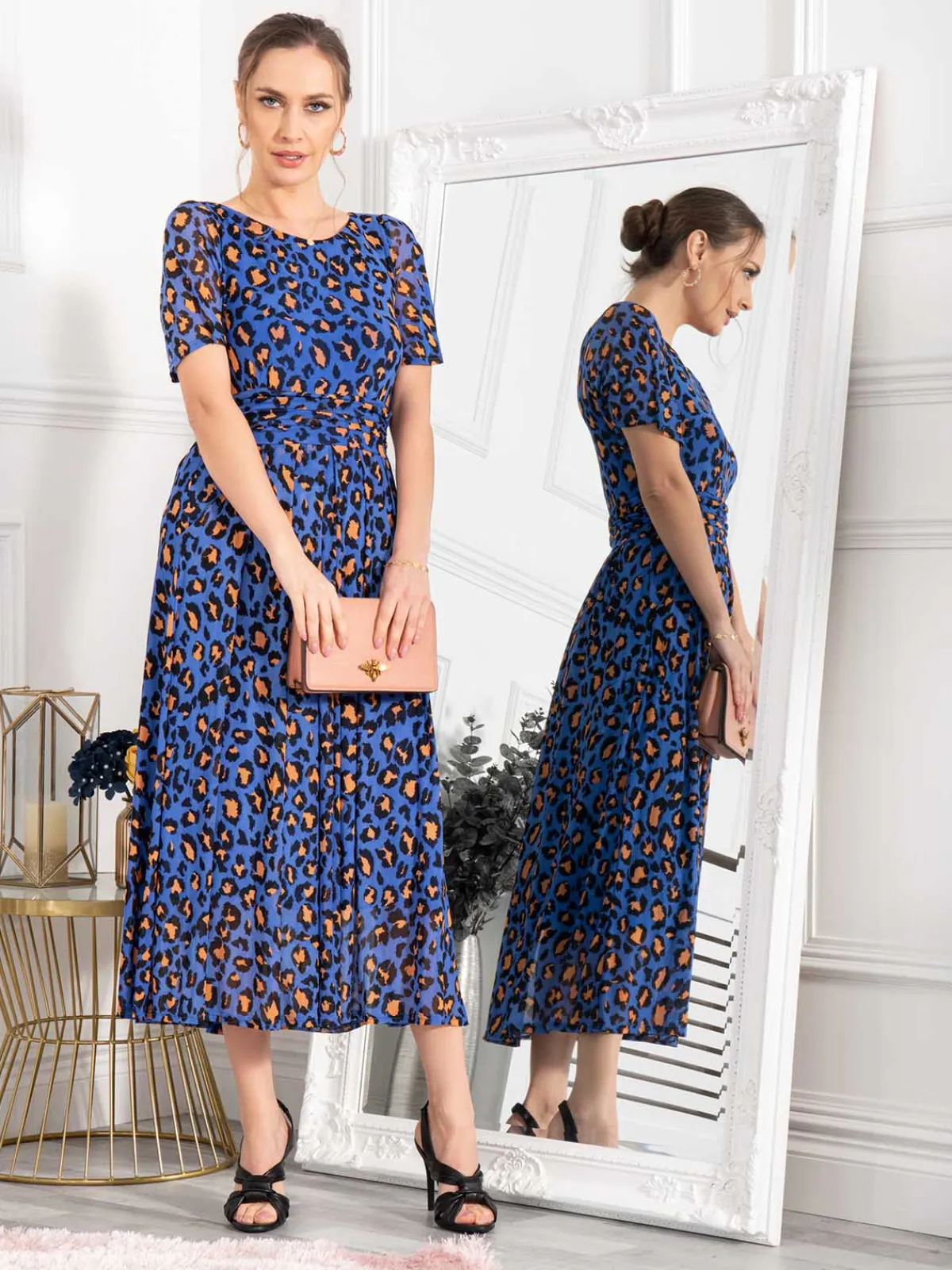 Jolie Moi Occasion Dresses|Mesh Dresses-Leopard Mesh Midi Dress, Blue Animal