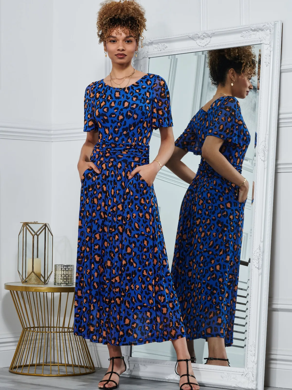 Jolie Moi Occasion Dresses|Mesh Dresses-Leopard Mesh Midi Dress, Blue Animal