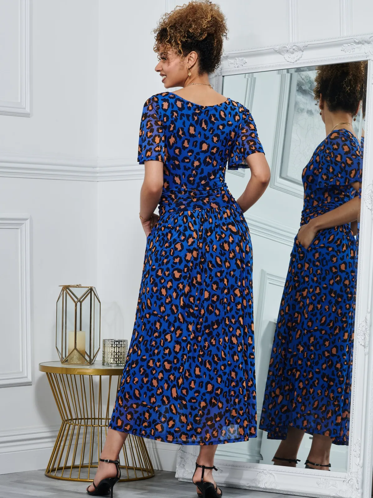 Jolie Moi Occasion Dresses|Mesh Dresses-Leopard Mesh Midi Dress, Blue Animal