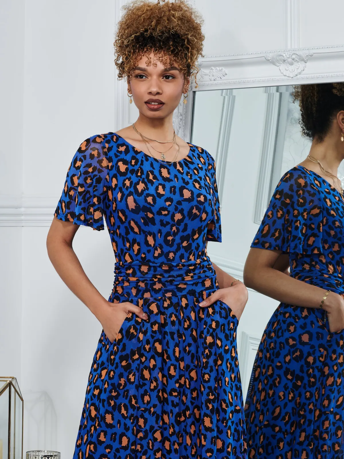 Jolie Moi Occasion Dresses|Mesh Dresses-Leopard Mesh Midi Dress, Blue Animal