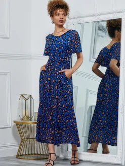 Jolie Moi Occasion Dresses|Mesh Dresses-Leopard Mesh Midi Dress, Blue Animal