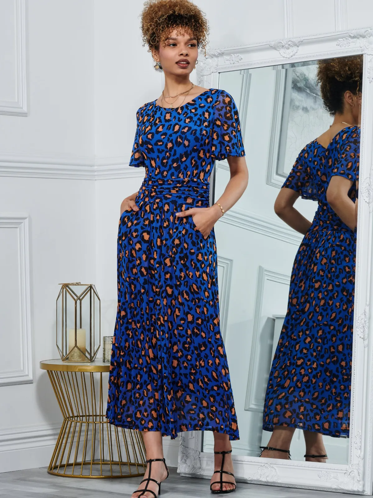 Jolie Moi Occasion Dresses|Mesh Dresses-Leopard Mesh Midi Dress, Blue Animal