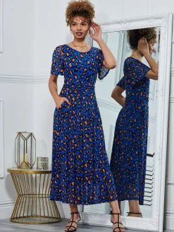 Jolie Moi Occasion Dresses|Mesh Dresses-Leopard Mesh Midi Dress, Blue Animal