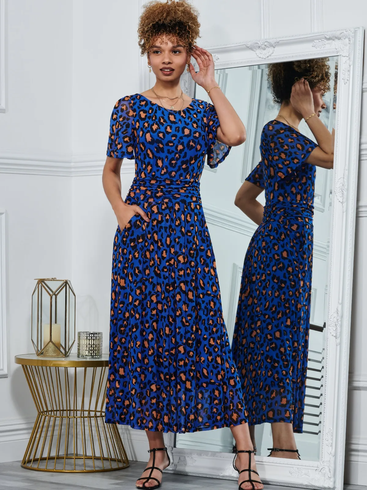 Jolie Moi Occasion Dresses|Mesh Dresses-Leopard Mesh Midi Dress, Blue Animal