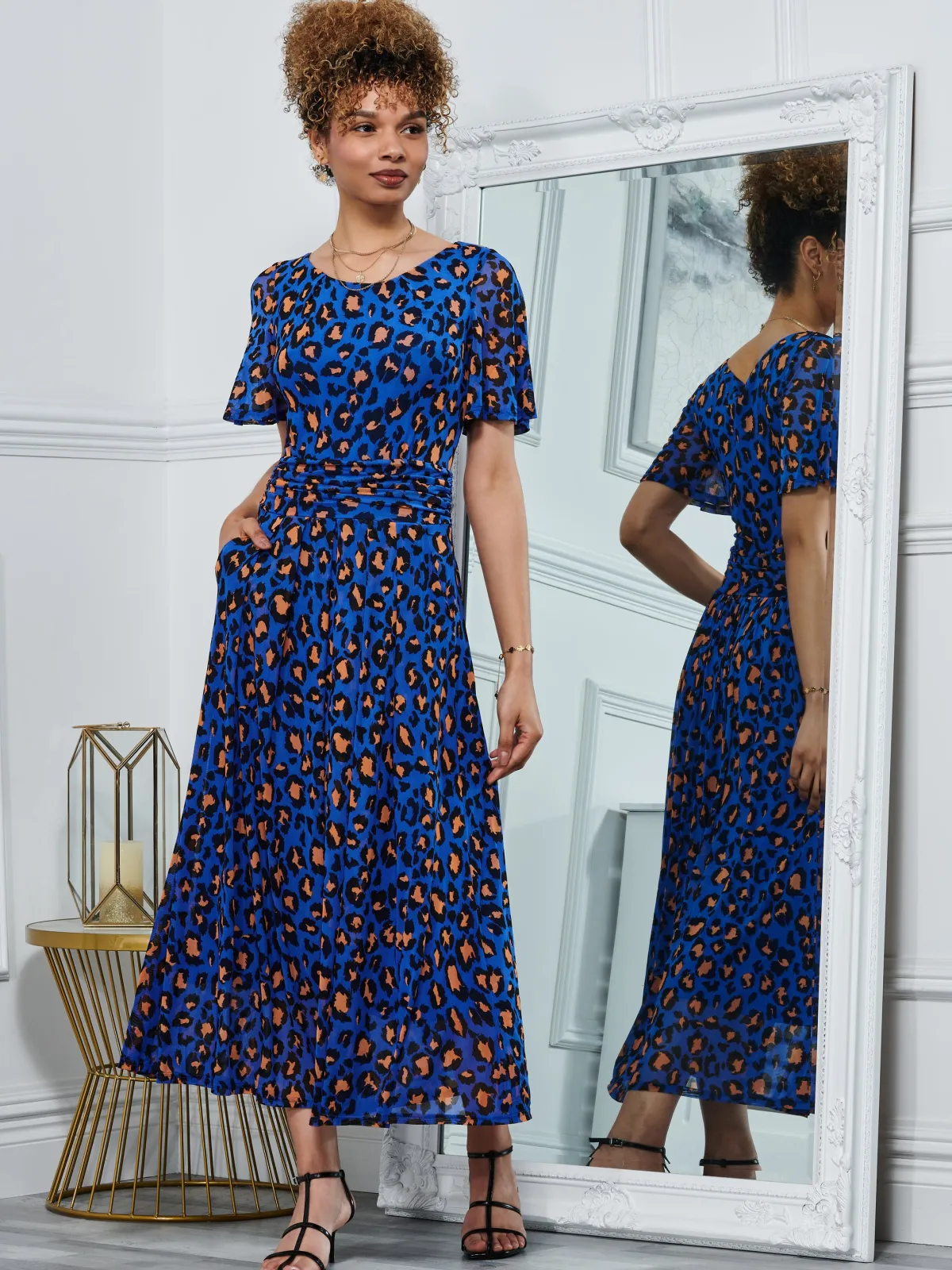 Jolie Moi Occasion Dresses|Mesh Dresses-Leopard Mesh Midi Dress, Blue Animal