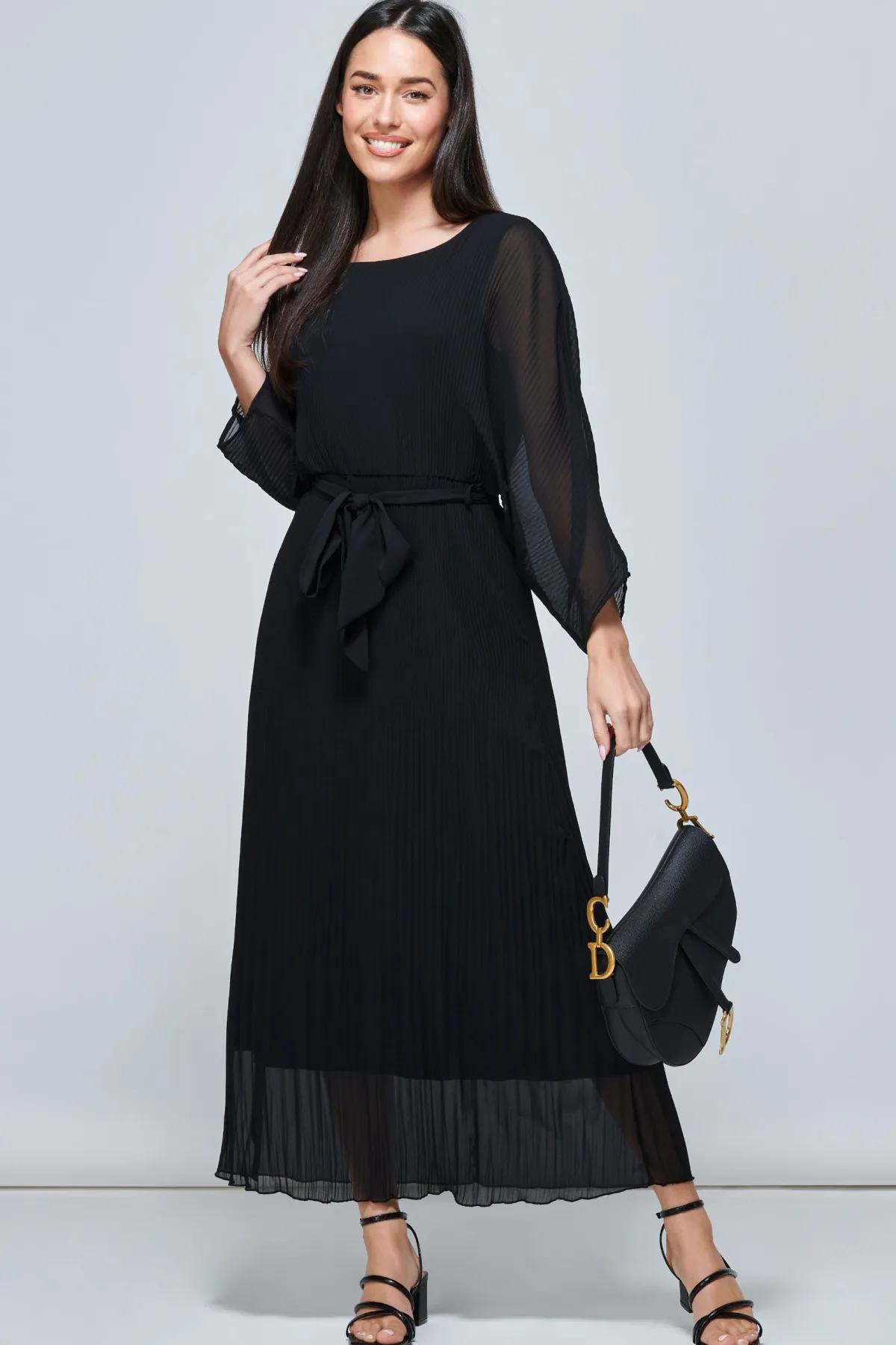 Jolie Moi Office Wear|Office Dresses-Lilyana Chiffon Pleated Maxi Dress, Black