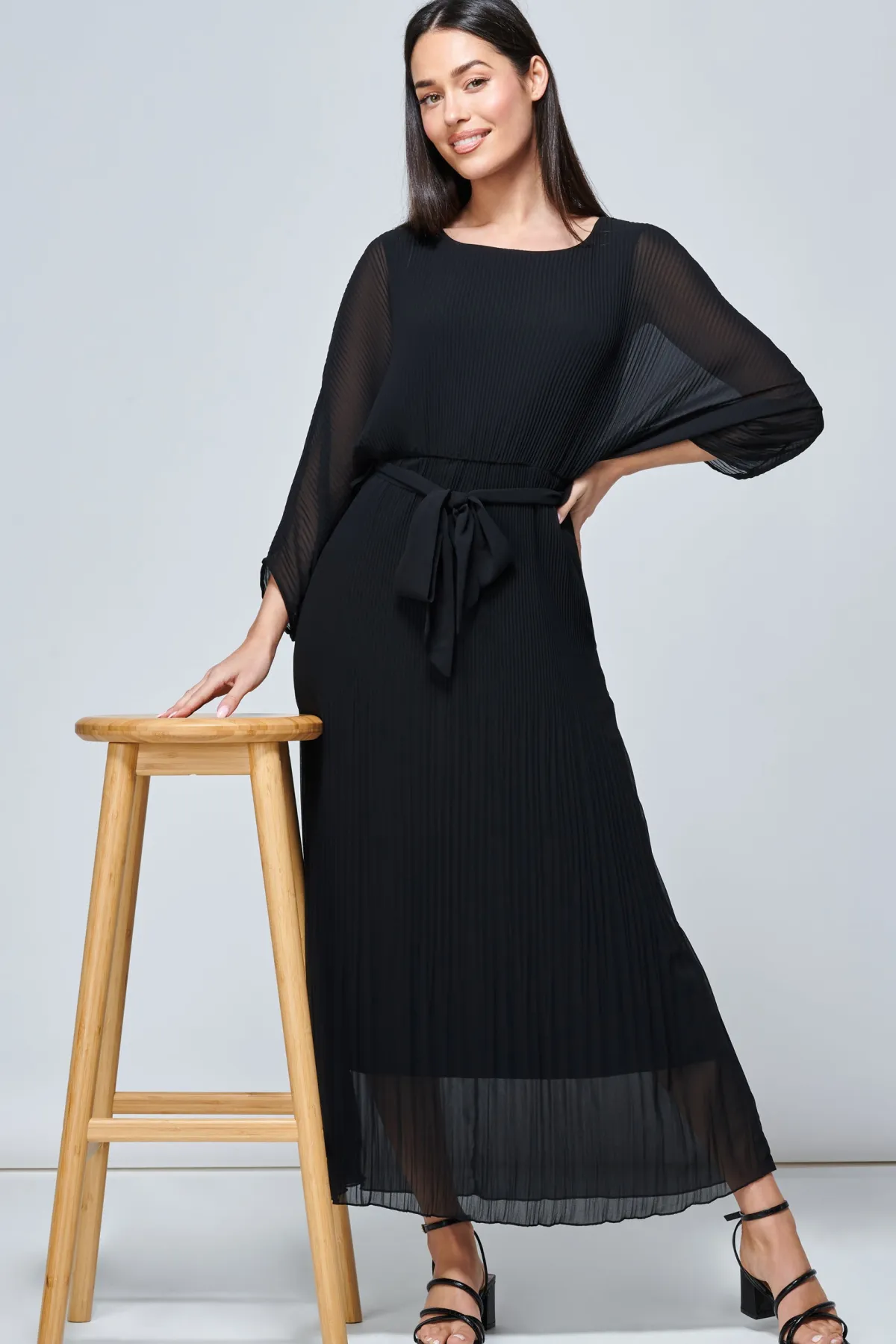 Jolie Moi Office Wear|Office Dresses-Lilyana Chiffon Pleated Maxi Dress, Black