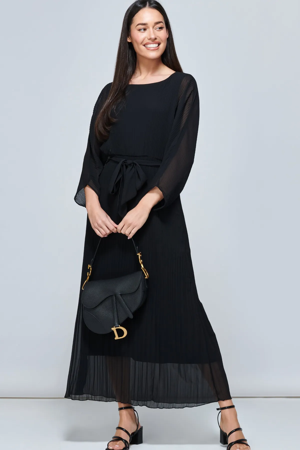 Jolie Moi Office Wear|Office Dresses-Lilyana Chiffon Pleated Maxi Dress, Black