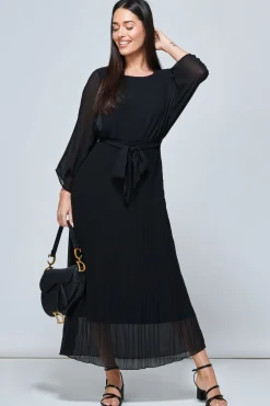 Jolie Moi Office Wear|Office Dresses-Lilyana Chiffon Pleated Maxi Dress, Black