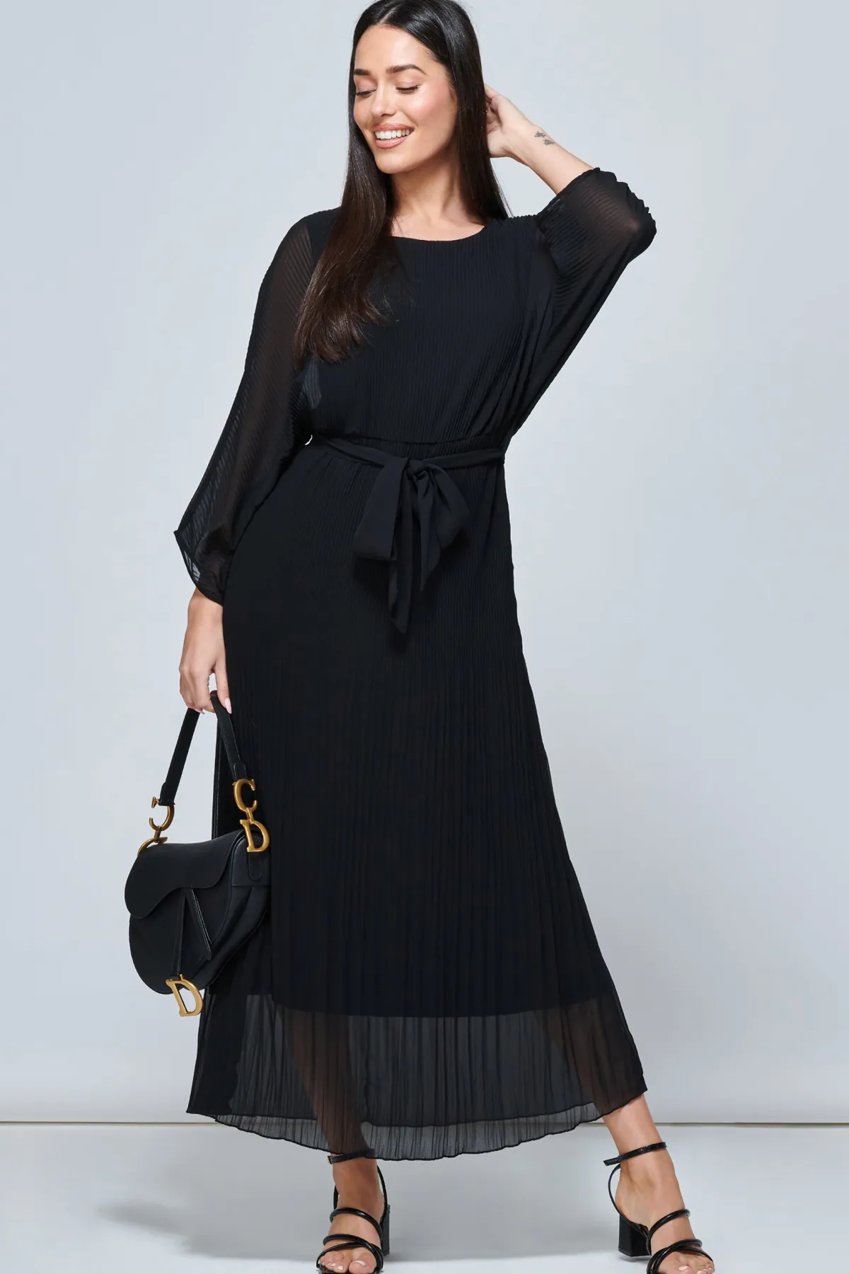 Jolie Moi Office Wear|Office Dresses-Lilyana Chiffon Pleated Maxi Dress, Black