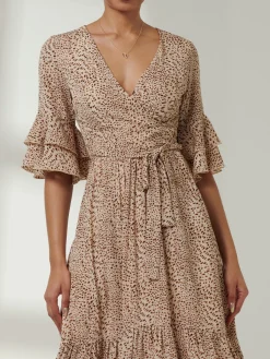 Jolie Moi Occasion Dresses|Weekend Casuals-Litzy Print Flute Sleeve Midi Dress, Animal Multi