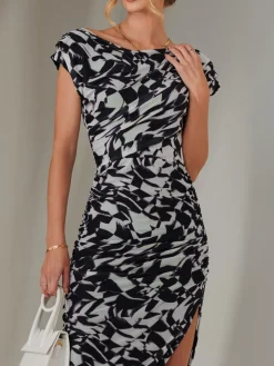 Jolie Moi Occasion Dresses-Lois Off-Shoulder Bodycon Dress, Black Geo
