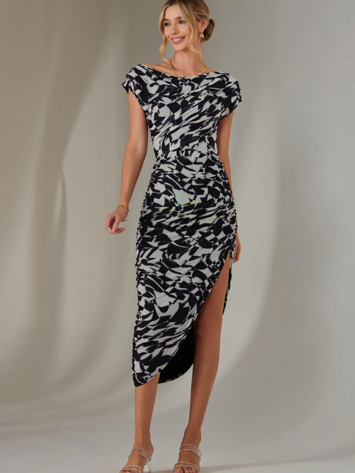 Jolie Moi Occasion Dresses-Lois Off-Shoulder Bodycon Dress, Black Geo