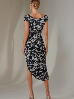 Jolie Moi Occasion Dresses-Lois Off-Shoulder Bodycon Dress, Black Geo