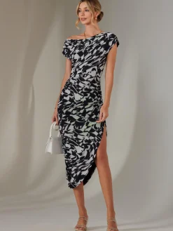 Jolie Moi Occasion Dresses-Lois Off-Shoulder Bodycon Dress, Black Geo