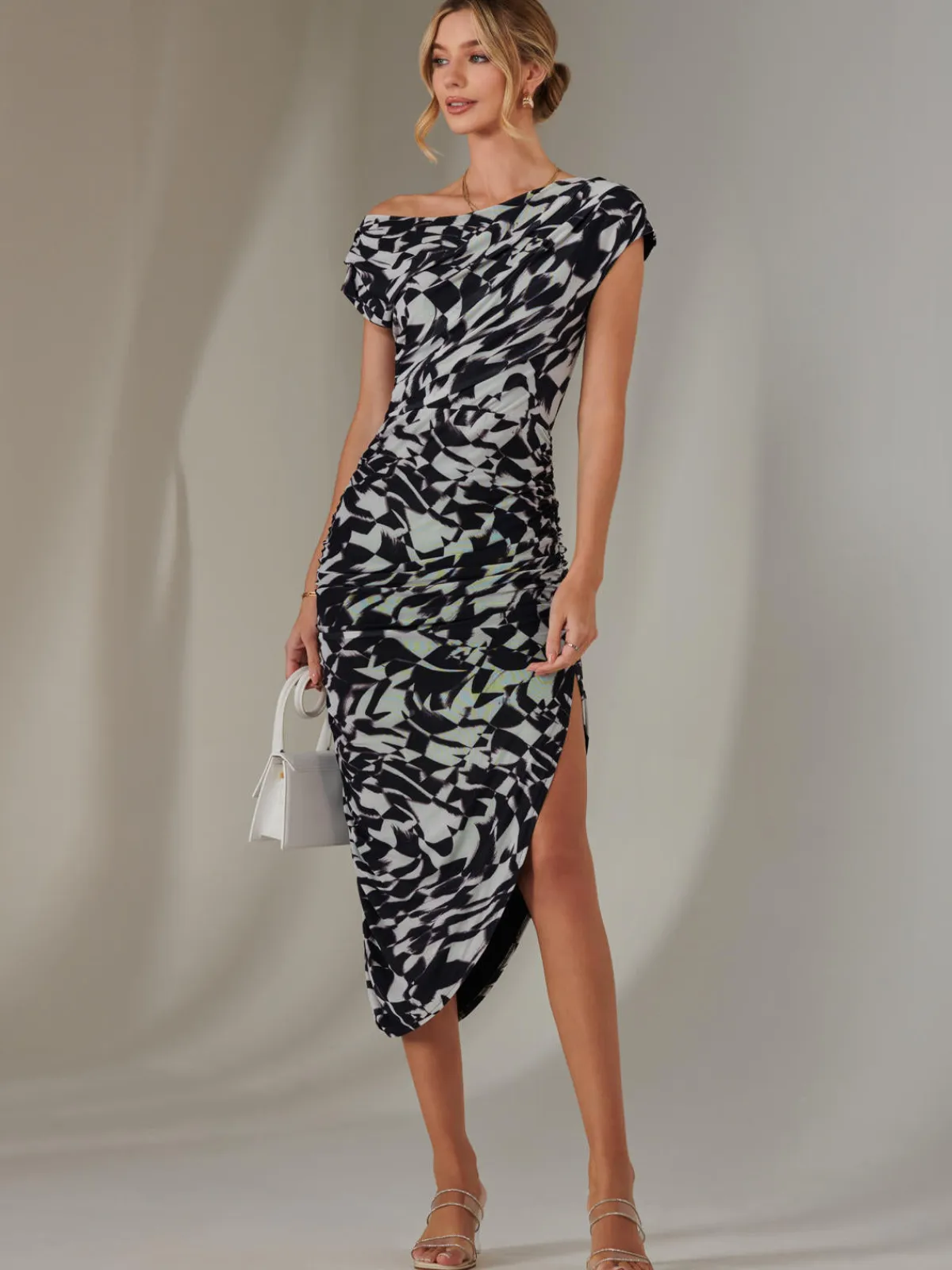 Jolie Moi Occasion Dresses-Lois Off-Shoulder Bodycon Dress, Black Geo