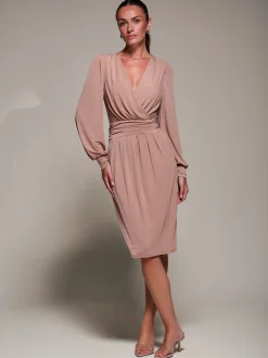 Jolie Moi Occasion Dresses|Jersey Dresses-Long Balloon Sleeve Jersey Midi Dress, Dusty Pink