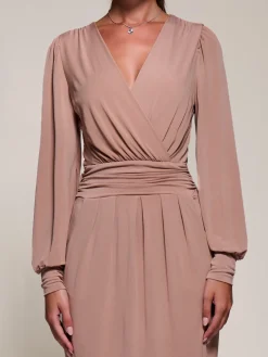 Jolie Moi Occasion Dresses|Jersey Dresses-Long Balloon Sleeve Jersey Midi Dress, Dusty Pink