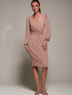 Jolie Moi Occasion Dresses|Jersey Dresses-Long Balloon Sleeve Jersey Midi Dress, Dusty Pink