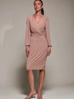 Jolie Moi Occasion Dresses|Jersey Dresses-Long Balloon Sleeve Jersey Midi Dress, Dusty Pink