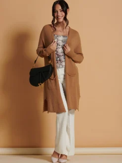 Jolie Moi Knitted Cardigan|Knitted Jumpers-Longline Soft Knitted Cardigan, Camel