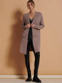 Jolie Moi Knitted Cardigan|Knitted Jumpers-Longline Soft Knitted Cardigan, Mocha