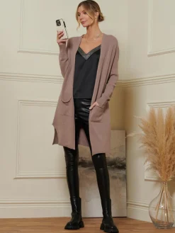 Jolie Moi Knitted Cardigan|Knitted Jumpers-Longline Soft Knitted Cardigan, Mocha
