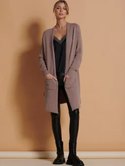 Jolie Moi Knitted Cardigan|Knitted Jumpers-Longline Soft Knitted Cardigan, Mocha