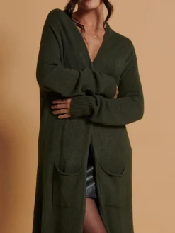 Jolie Moi Knitted Cardigan|Knitted Jumpers-Longline Soft Knitted Cardigan, Soldier Green