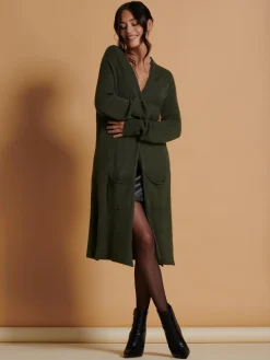 Jolie Moi Knitted Cardigan|Knitted Jumpers-Longline Soft Knitted Cardigan, Soldier Green