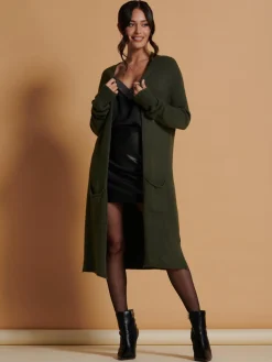 Jolie Moi Knitted Cardigan|Knitted Jumpers-Longline Soft Knitted Cardigan, Soldier Green