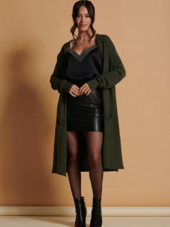 Jolie Moi Knitted Cardigan|Knitted Jumpers-Longline Soft Knitted Cardigan, Soldier Green