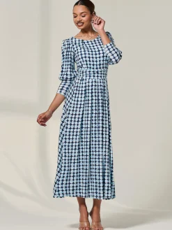 Jolie Moi Office Wear|Jersey Dresses-Long Puff Sleeved Jersey Midaxi Dress, Large Blue Geo