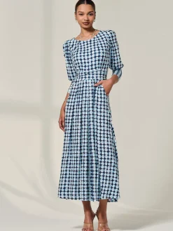 Jolie Moi Office Wear|Jersey Dresses-Long Puff Sleeved Jersey Midaxi Dress, Large Blue Geo