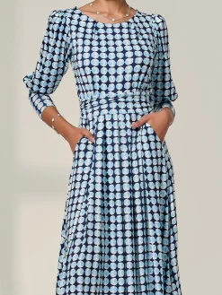 Jolie Moi Office Wear|Jersey Dresses-Long Puff Sleeved Jersey Midaxi Dress, Large Blue Geo